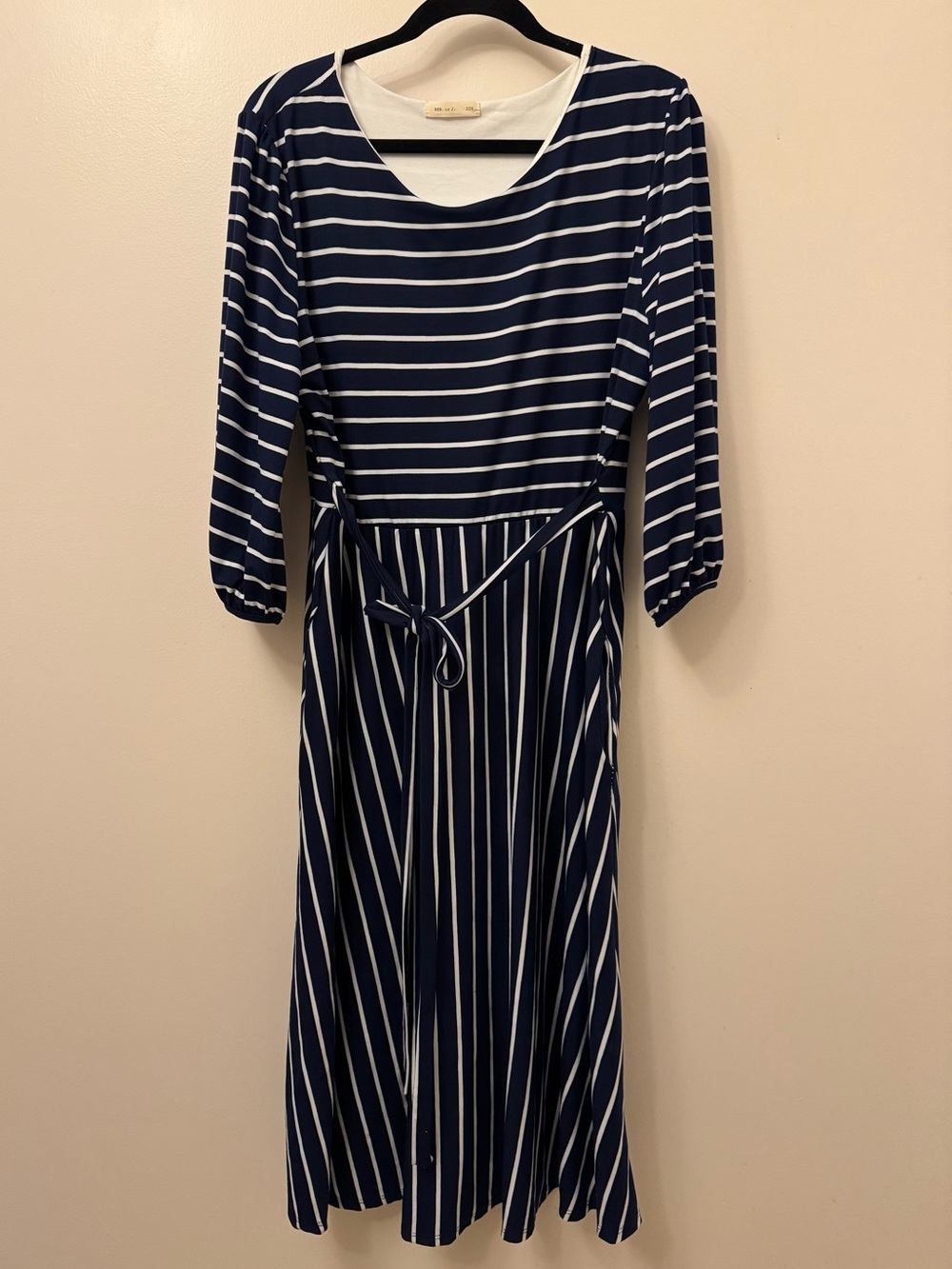 Navy & White Striped Midi Dress with Waist Tie
